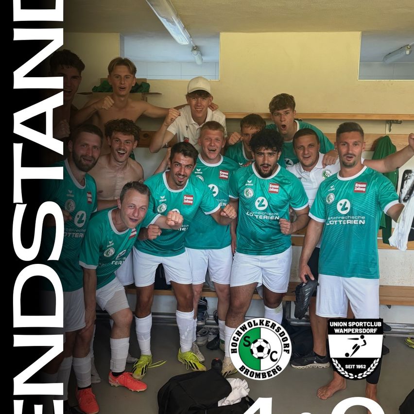 A group of soccer players in green and white uniforms are celebrating in a locker room. They are smiling and posing for a photo.