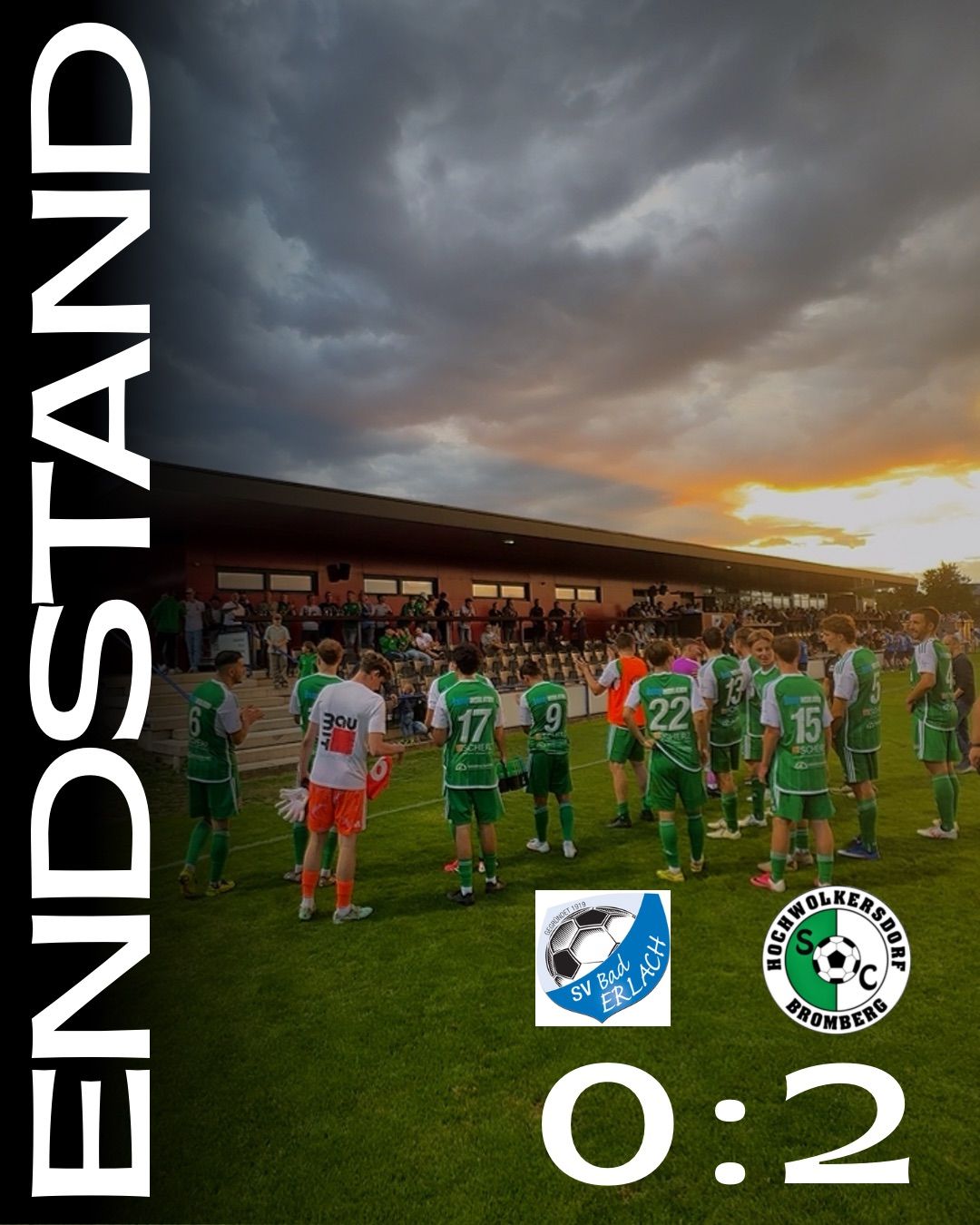 Soccer players in green uniforms stand on a field, with a cloudy sky in the background. The text 'ENDSTAND' is displayed prominently on the left side.