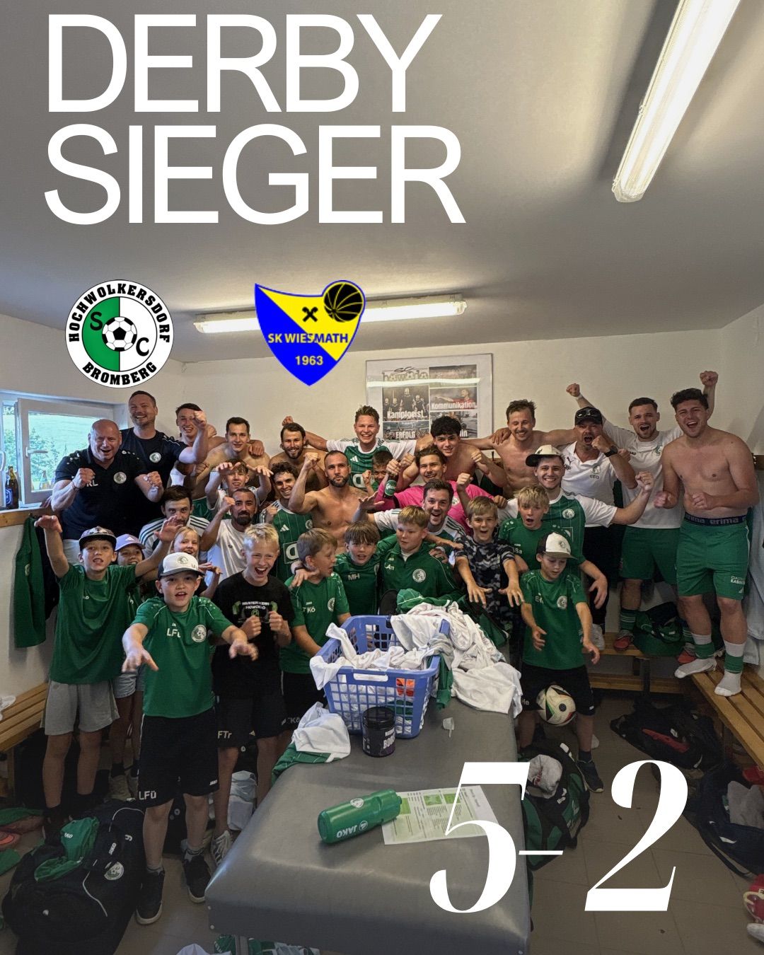 Group photo of a sports team in green jerseys celebrating in a locker room with a score of 5-2. A blue sports emblem and white text are displayed.