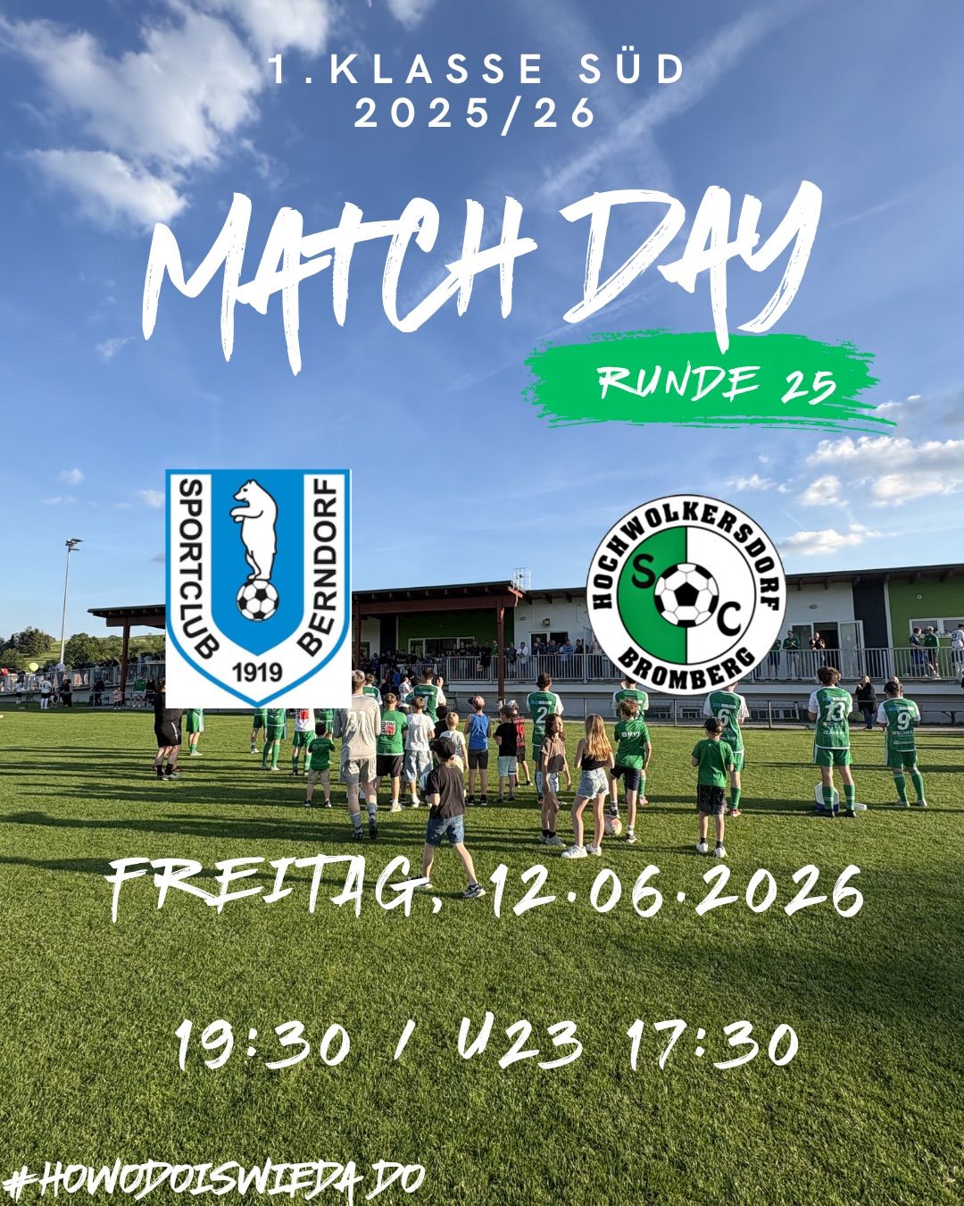 Poster for a soccer match day event on June 12, 2026. Features players in green uniforms, a soccer field, and a clear blue sky.
