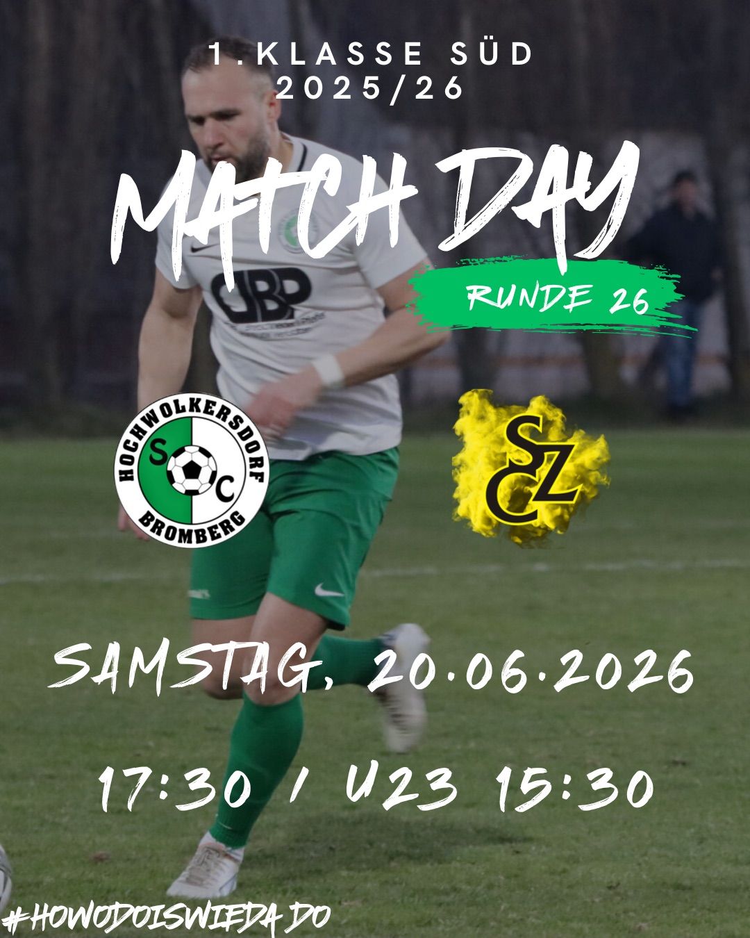 Fußballspieler läuft auf einem Feld. Match Day, Runde 26, Samstag, 20.06.2026, Zeit 17:30. Vereinslogos links und rechts.