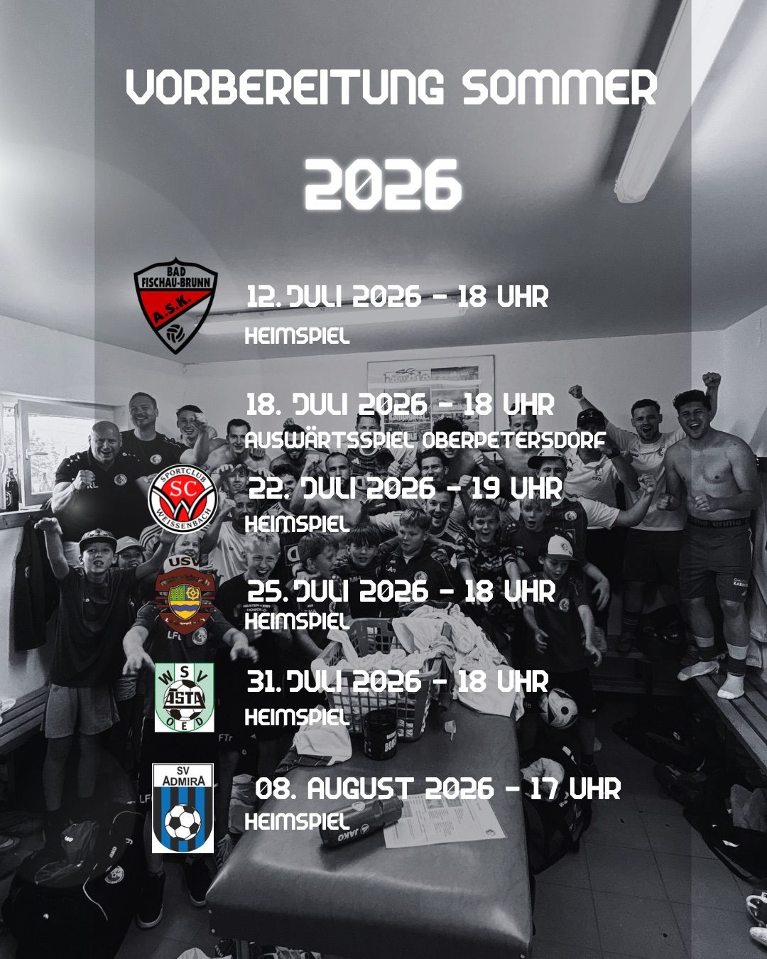 A black and white photo of a sports team, possibly soccer, with a schedule for matches in 2026. The team is wearing jerseys with various logos and numbers. The image includes dates and times for home and away games.