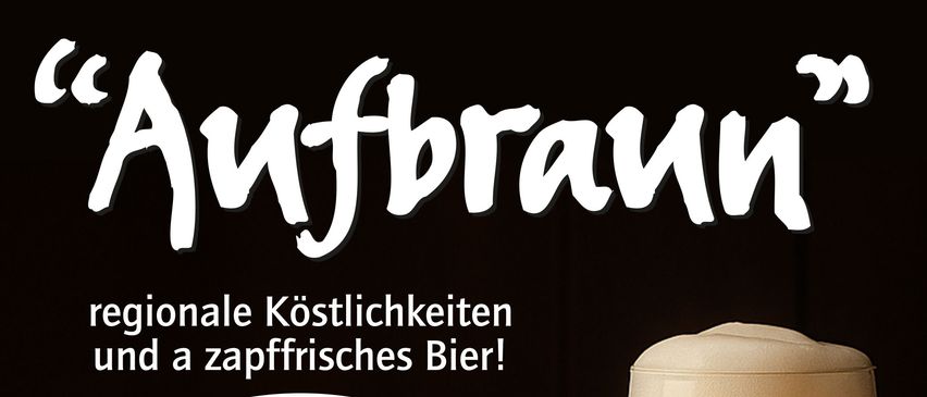 Werbeplakat für Toni Brau Bier mit einem Glas Bier, Brezeln und Würsten. Das Plakat enthält Öffnungszeiten und eine Telefonnummer.