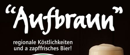 Ein Werbeplakat für Toni Brau Bier zeigt ein Glas Bier, Brezeln und Würste. Der Plakat bewirbt regionale Spezialitäten und frisches Bier. Es enthält Öffnungszeiten und Termine.