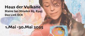 Plakat für Violeta Zens Ausstellung im Haus der Vulkane, Stainz, mit einem Bild einer Frau mit einer kreisförmigen Zeichnung um ihr Auge, Text auf Deutsch und Veranstaltungsdetails.