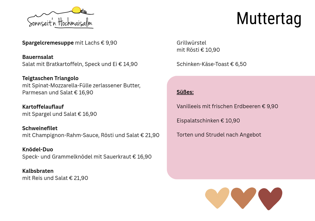 Das Menü umfasst Lachssuppe für 9,90€, Bratkartoffeln, Speck und Ei für 14,90€ und mehr. Gegrillte Würste mit Rösti kosten 10,90€, und Schinken-Käse-Toast ist 6,50€. Desserts bieten Vanilleeis mit frischen Erdbeeren für 9€.