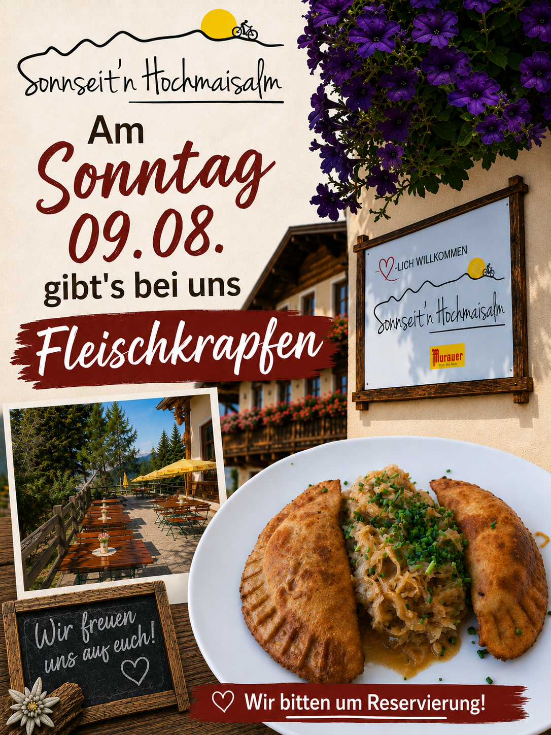 Ein Flyer, der Fleischkrapfen am Sonntag, 9. August, bewirbt, mit einem Foto eines Restaurants mit Sitzgelegenheiten im Freien und einem Teller Essen auf einem weißen Teller.