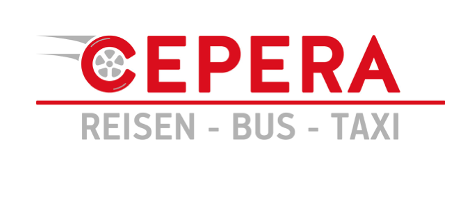 Das Logo für CEPERA mit einem roten Radsymbol und den Worten Reisen, Bus und Taxi in Rot geschrieben.