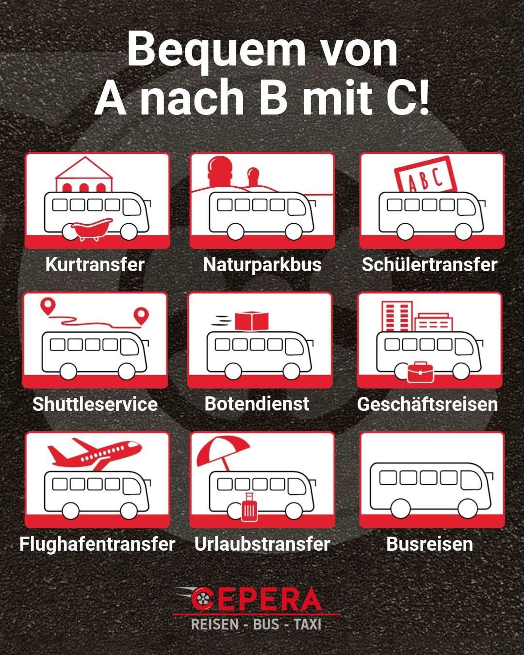 Das Bild zeigt verschiedene Transportdienste, die von einem Unternehmen angeboten werden. Es umfasst Kurztransfer, Naturparkbus, Schülertransfer, Shuttleservice, Bootsservice, Geschäftsreisen, Flughafentransfer, Urlaubstransfer und Bustouren. Jeder Service ist mit einem entsprechenden Icon illustriert.