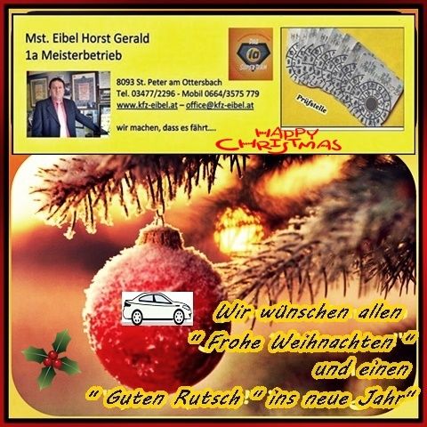 Weihnachtskarte mit einem roten Christbaumschmuck an einem Baum, einem Mann im Anzug und einem Auto. Der Text sagt 'Frohe Weihnachten' in Rot und 'Happy Christmas' in Gelb. Kontaktinformationen eines Unternehmens sind ebenfalls vorhanden.