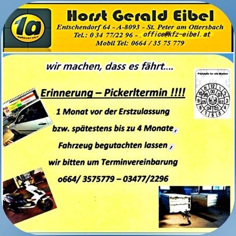 Ein gelbes Plakat mit Werbung für Horst Gerald Eifel, mit Kontaktdaten und einer Erinnerung an die Fahrzeuguntersuchung. Es enthält eine Telefonnummer, E-Mail und einen Aufruf zur Terminvereinbarung.