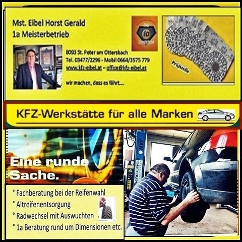 An advertisement for a car repair shop offering expert services. A mechanic is shown working on a car tire. The shop provides advice on tire selection, tire replacement, wheel change, and dimensions. Contact details are provided.