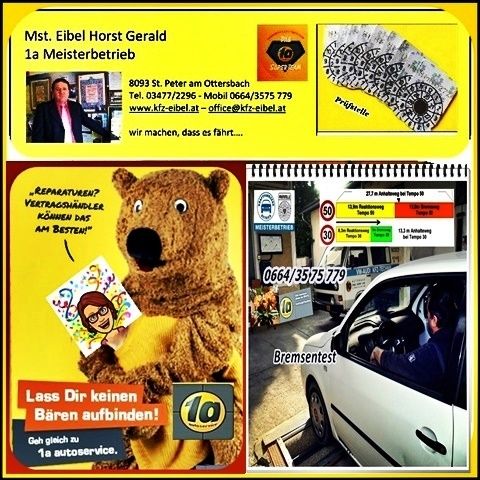 A yellow poster advertising a Meisterbetrieb featuring a man, a bear mascot, and a car. The poster includes contact information and a slogan.