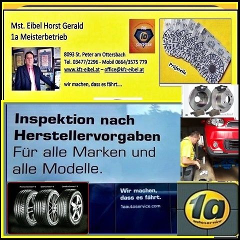 Advertisement for a car inspection service by Horst Gerald Eibel. Features images of a man working on a car, car parts, and a logo. Contact information and website provided.