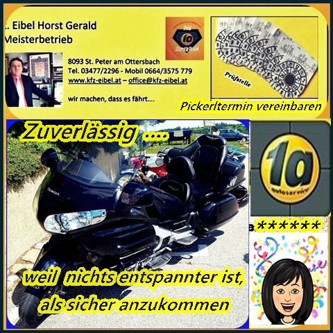 An advertisement for Eibel Horst Gerald Meisterbetrieb features a black motorcycle parked outside with a man in the background. Contact details are provided, and there is a yellow sign that says 'Zuverlässig'.