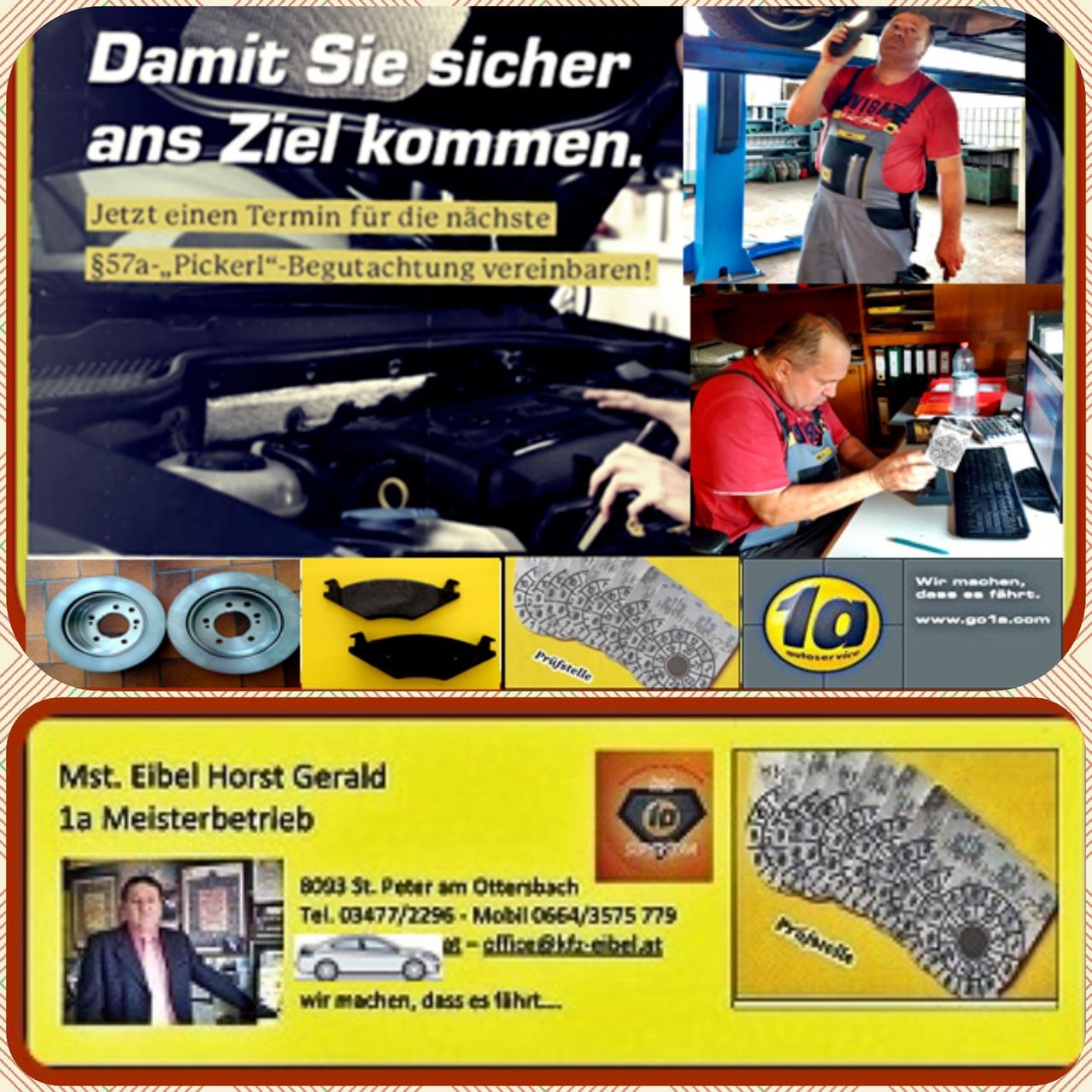 Ein Werbeflyer für einen Meisterbetrieb. Es zeigt einen Mann, der an einem Auto arbeitet, eine Website und eine Telefonnummer.