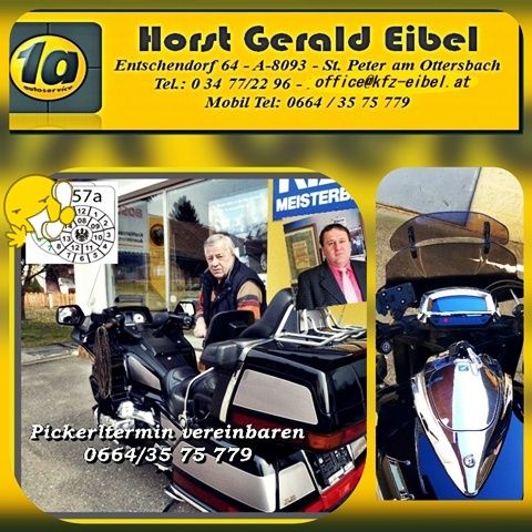 Horst Gerald Eibl, ansässig in St. Peter am Ottersbach, bietet Motorradservices an. Kontakt unter 034 7722 96 oder office@fz-eibl.at. Fotos zeigen zwei Männer und Motorräder.