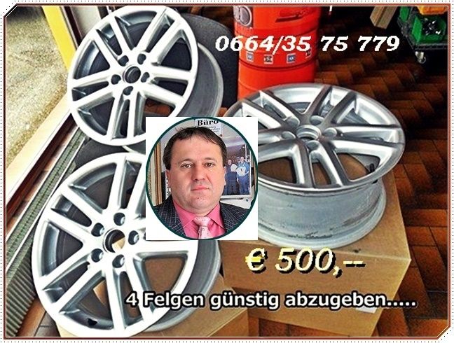 Vier Silberlegierungsräder werden mit einem Rabatt von 500 Euro verkauft. Ein Mann ist abgebildet mit einer Telefonnummer für die Kontaktaufnahme.