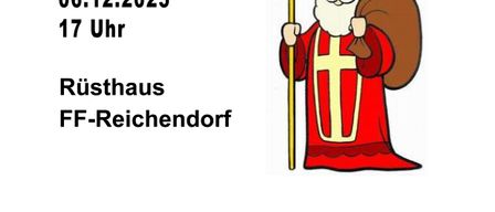 Plakat für Nikolaus-Veranstaltung am Samstag, 06.12.2025, um 17 Uhr im Rusthaus FF-Reichendorf. Jedes Kind erhält von Nikolaus ein Geschenk. Illustration von Nikolaus mit Stab und Tasche.