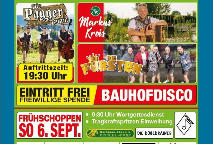 Plakat für ein Musikevent in Reichendorf am 5. September 2026 mit Bands wie Die Paggers und Markus Krois, mit freiem Eintritt und einer Bauhofdisco.
