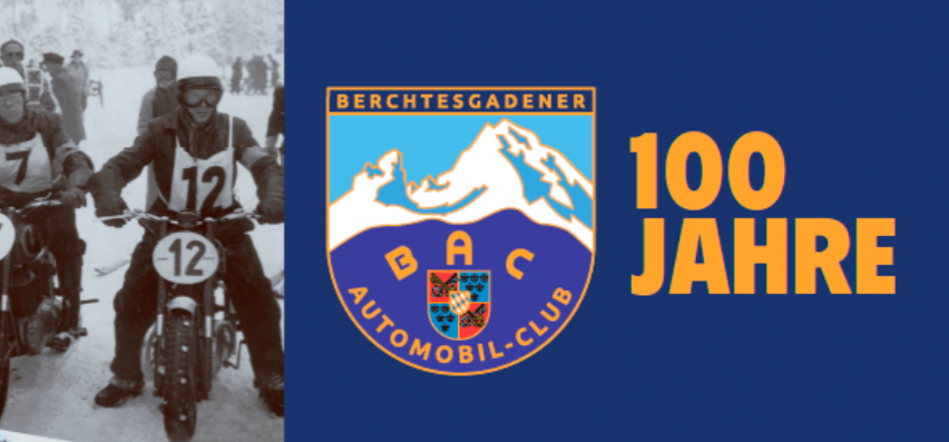 Eine Collage feiert das 100-jährige Jubiläum des Automobil Clubs. Es zeigt einen Mann mit einer gecheckten Flagge, Vintage-Motorräder, ein Oldtimer und einen Rennwagen. Das Logo ist prominent angebracht.