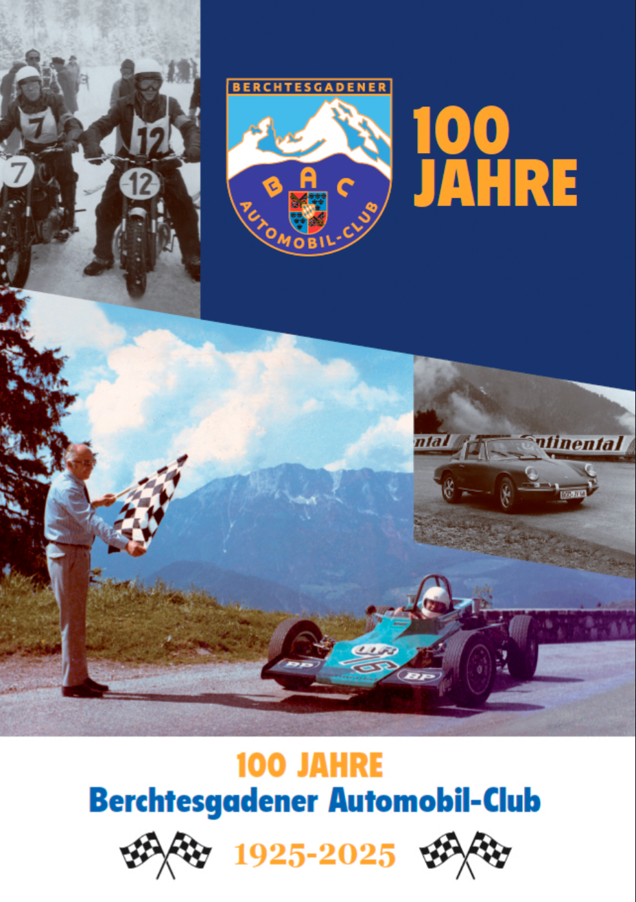 Eine Collage von Vintage-Motorsportbildern, mit einem Rennfahrer mit der Nummer 12, einem Rennwagen und einem alten Auto mit 'Continental'. Ein älterer Mann weht eine Zielflagge. Das Logo zeigt '100 Jahre'.