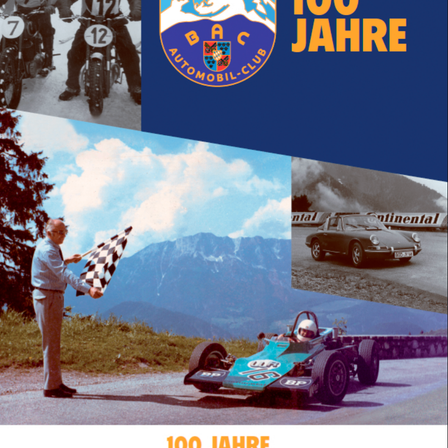 Eine Collage von Vintage-Motorsportbildern, mit einem Rennfahrer mit der Nummer 12, einem Rennwagen und einem alten Auto mit 'Continental'. Ein älterer Mann weht eine Zielflagge. Das Logo zeigt '100 Jahre'.
