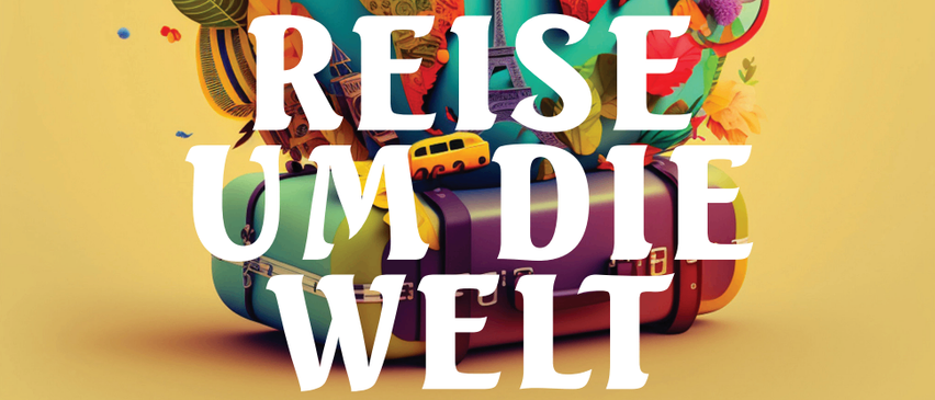 Plakat für eine Reisemesse in der StraBengler Halle am 17. Mai um 17 Uhr und am 18. Mai um 11 Uhr, mit einem Globus, Gepäck und verschiedenen Reisesymbolen.