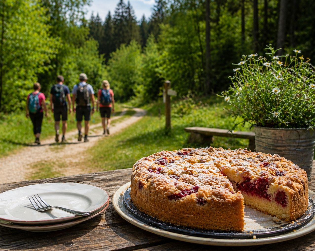 Ein Beerenkuchen mit einem herausgelösten Stück steht auf einem Holztisch. Dahinter wandern vier Menschen auf einem Pfad in einem üppigen Wald.