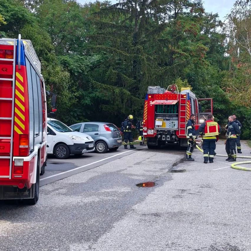Feuerwehrleute kümmern sich um einen Verkehrsunfall auf einer Straße, wobei ein Feuerwehrwagen und ein Leiterwagen anwesend sind.