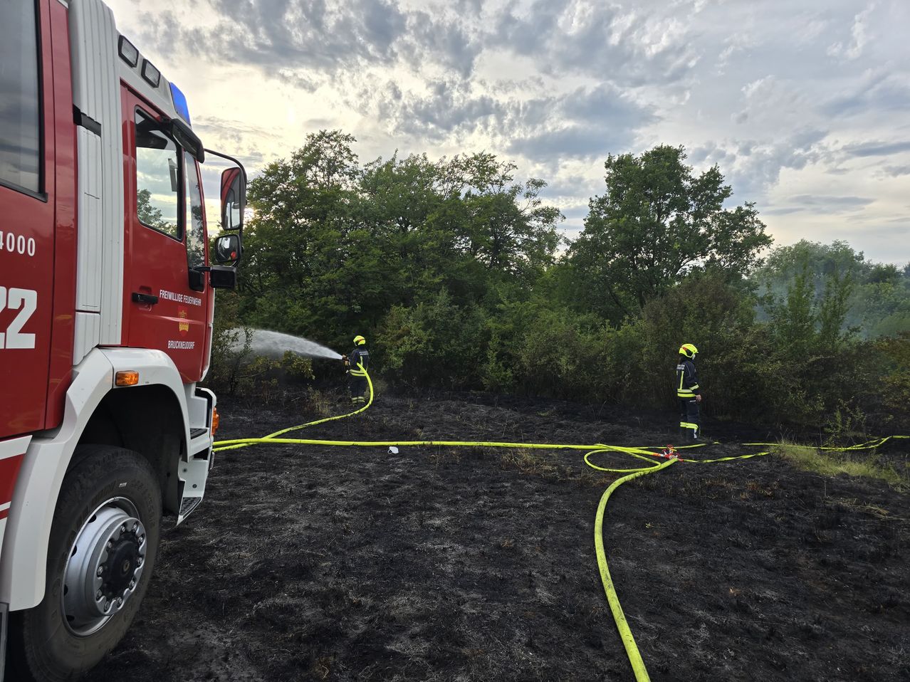 A fire truck sprays water on a burned area with firefighters wearing yellow helmets. Trees and bushes are in the background.
