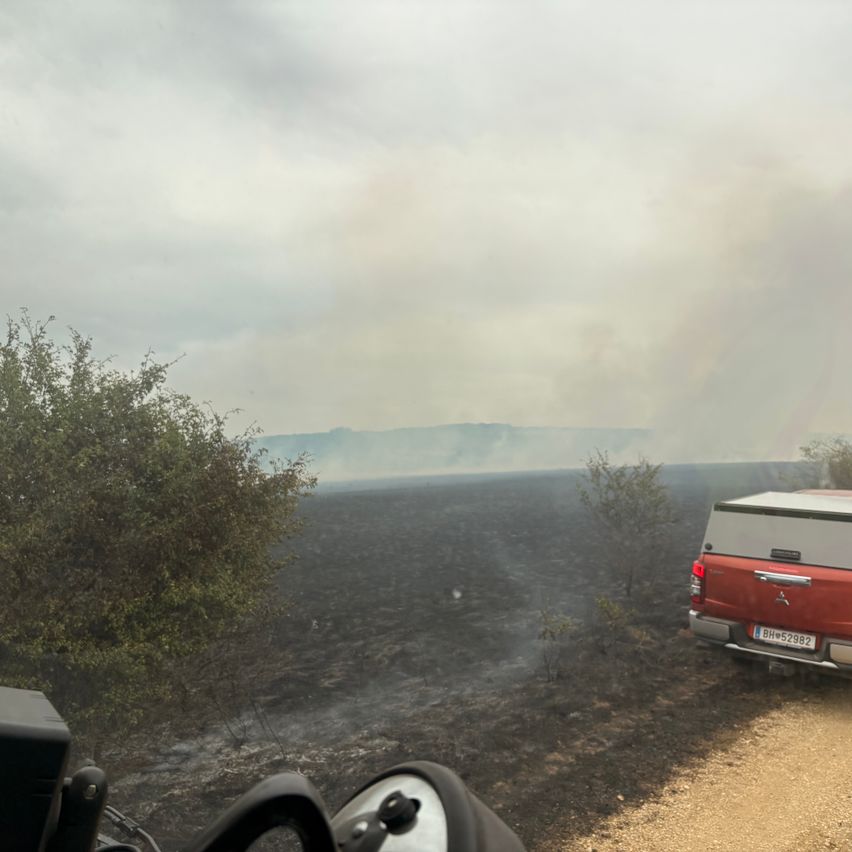 A vehicle on a dirt road, with a burnt landscape and smoke in the distance, under a cloudy sky.