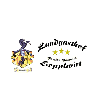 Ein Logo für Landgasthof Sepplwirt von Familie Blumrich, mit einem Ritter auf einem Pferd und drei Sternen.