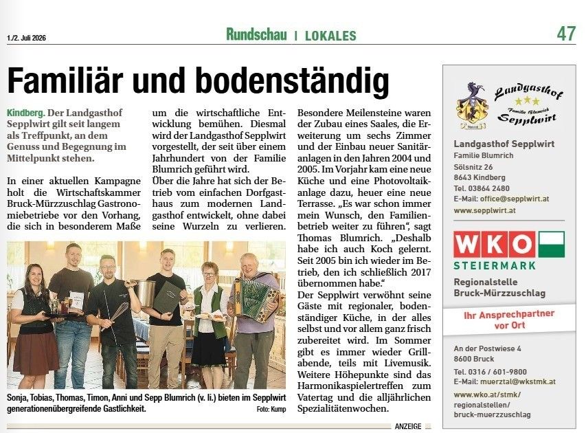 Ein seit langem bestehender Landgasthof in Seppluwirt bietet regionale Küche und frischen Fisch. Besondere Veranstaltungen sind Live-Musik, jährliche Wein- und Musikfestivals.
