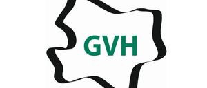 Ein weißer Hintergrund mit grünem Text, der GVH liest, in einem einzigartigen Muster mit schwarzem Umriss gestaltet.