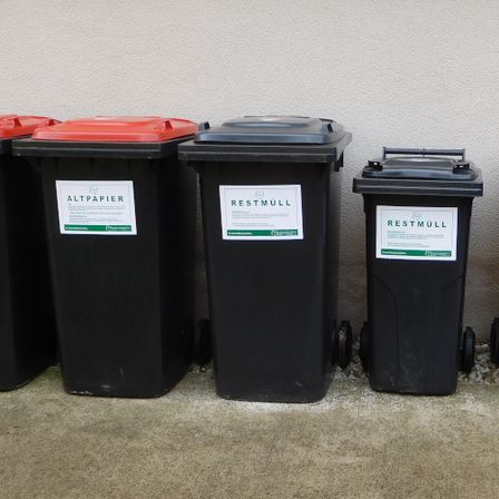 Fünf schwarze Behälter mit verschiedenfarbigen Deckeln sind an einer Wand aufgestellt. Die Behälter haben weiße Etiketten mit Text und Logos.