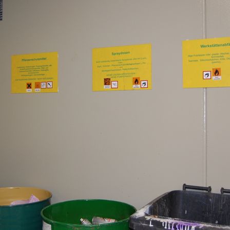 Eine Wand mit verschiedenen gelben Schildern, die Entsorgungsanweisungen für Pflanzenschutzmittel, Sprühdosen und Werkstattabfälle anzeigen. Darunter befinden sich drei grüne und ein schwarzer Abfallbehälter, möglicherweise für chemischen Abfall.