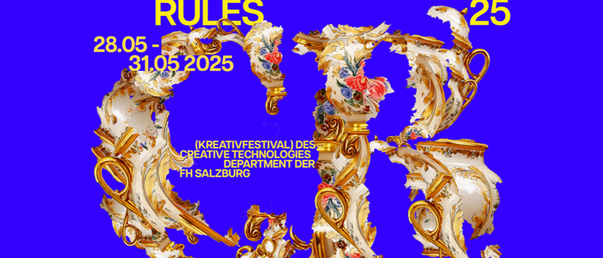 Ein blauer Hintergrund mit kunstvollen goldenen Mustern und Blumendesigns. Der Text lautet 'Kreativität regiert', 'Forme die Macht 25' und Daten '28.05 - 31.05.2025'.