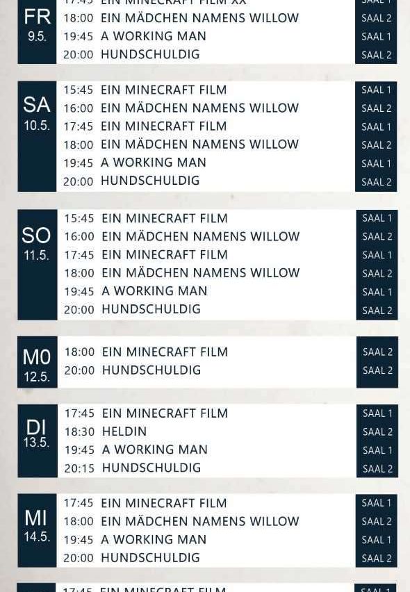 Das Bild zeigt einen Zeitplan für eine Reihe von Filmen und Veranstaltungen an mehreren Tagen. Jeder Tag enthält eine andere Reihe von Filmtiteln und Zeiten, mit sich wiederholenden Titeln und Zeiten über die Tage hinweg.