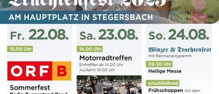 Das Plakat bewirbt ein 3-tägiges Wein- und Traubenfest in Stegersbach, Deutschland, im Jahr 2025. Es enthält Details für jeden Tag mit Aktivitäten, Musik und Veranstaltungen. Am Freitag öffnet das Festival um 19:00 Uhr mit Live-Musik und einer Radio Burgenland Band. Samstag bietet ein Motorradtreffen ab 14:00 Uhr, gefolgt von Live-Musik und einem Kindertreffen um 17:30 Uhr. Sonntag beginnt mit einer Heiligen Messe um 9:30 Uhr, gefolgt von Live-Musik, Kinderprogrammen und Traktorfahrten.