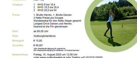 Golfturnier in Stegersbach am 16. August 2025 im GC Golfschaukel. Teilnahmeberechtigt sind Amateure und Mitglieder des GC Golfschaukel. Gespielt wird mit einem 1,68er Ball. Die Startgebühr beträgt 15 Euro. Die Greenfee kostet 88 Euro. Anmeldungsschluss ist der 15. August 2025. Beginn des Turniers um 8 Uhr. Kontakt für Anfragen: www.golfschaukel.at.