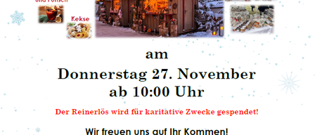 Plakat für den Adventbasar im SeneCura Stegersbach. Zeigt Bilder von Essen, Getränken und Dekorationen. Veranstaltung am Donnerstag, 27. November, ab 10:00 Uhr. Spende für wohltätige Zwecke. Veranstalter: SeneCura Burgenland GmbH, Stegersbach. Kontakt: +43 (0)3326 53081.