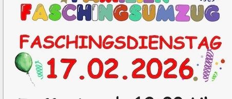 Ein bunter Flyer für ein Familienkarneval-Event. Es ist für den 17. Februar 2026 geplant, beginnend um 12:00 Uhr. Der Treffpunkt ist bei der Feuerwehr Stegersbach. Fahrzeuge bis zur Größe eines Golfcarts sind erlaubt. Die besten Wagen, Kostüme und Aufführungen werden prämiert. Das Ziel ist die Erreichung des Schlosses Stegersbach, gefolgt von einem Kindermaskenball und einer Karnevalsparty für Jung und Junggebliebene.