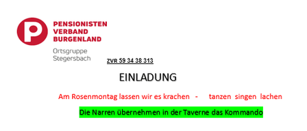 Event invitation by Pensionists Association Burgenland. Date: February 16, 2026. Time: 14:00. Location: Taverne. Entry fee: 5 euros. Original masks will be awarded. Tombola with prizes. Musical entertainment by Mondscheinbrüder. Contact: ZVR 59 34 38 313.