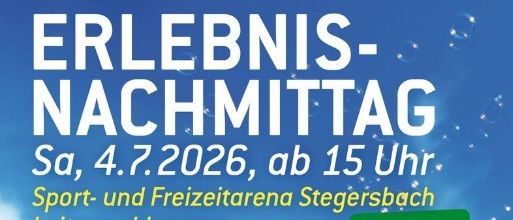 Ein Plakat, das die Erlebnisnacht im Stegersbach Sport- und Freizeitzentrum bewirbt. Es zeigt einen Jungen und ein Mädchen mit Tiger-Gesichtsbemalung. Aktivitäten umfassen Zielschießen, eine Kreativwerkstatt und Gesichtsbemalung. Die Veranstaltung findet am 4. Juli 2026 um 15 Uhr statt, mit einem kostenlosen Eis, wenn das Wetter schlecht ist.
