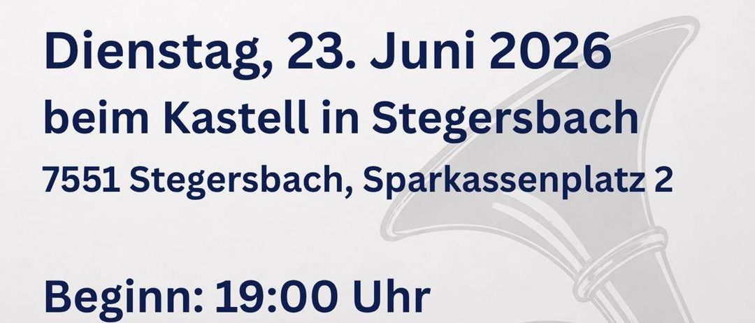 Eine Anzeige für ein Sommerkonzert der Polizeimusik Burgenland am Dienstag, 23. Juni 2026, beim Kastell in Stegersbach, gelegen am 7551 Stegersbach, Sparkassenplatz 2. Die Veranstaltung beginnt um 19:00 Uhr.