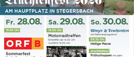 Das 3-tägige Wein- und Erntefest 2026 am Hauptplatz in Stegersbach. Livemusik, traditionelle Tänze und eine Motorradparade. Freitag, Samstag und Sonntag Veranstaltungen ab 9:00 Uhr.