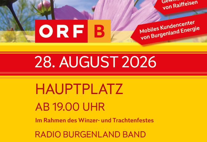 Plakat für das Sommerfest in Stegersbach am 28. August 2026. Mit der Radio Burgenland Band, moderiert von Sebastian György. Beginn um 19:00 Uhr.