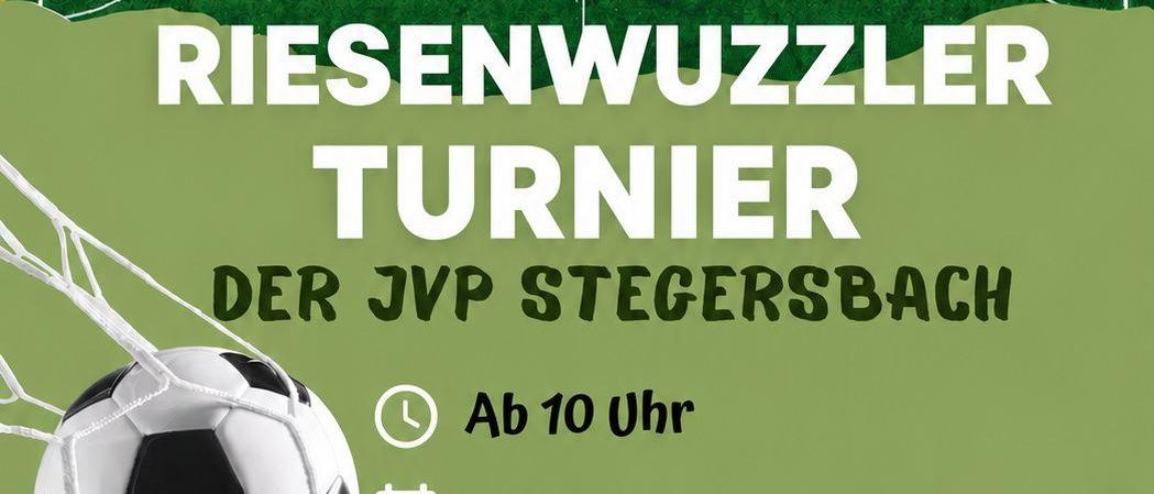 Plakat für ein Fußballturnier von JVP Stegersbach. Es zeigt einen Fußball in einem Netz, eine Startzeit von 10 Uhr und ein Datum vom 22. August. Der Ort ist Jugendhaus Stegersbach in der Leitenwaldgasse. Zusätzliche Informationen umfassen mindestens 5 Teilnehmer, eine Startgebühr von 10 Euro und Extras wie Erfrischungen und Getränke.