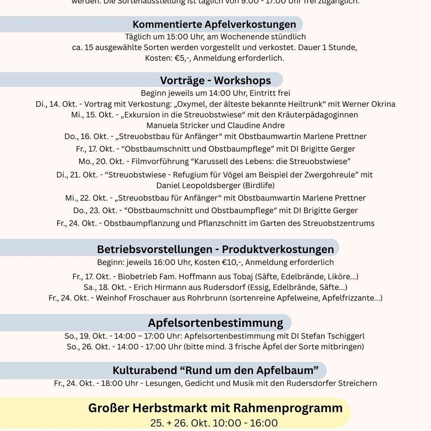 Täglich um 15:00 Uhr, an Wochenenden stündlich ca. 15 ausgewählte Sorten werden vorgestellt und verkostet. Dauer 1 Stunde, Kosten: €5, Anmeldung erforderlich.